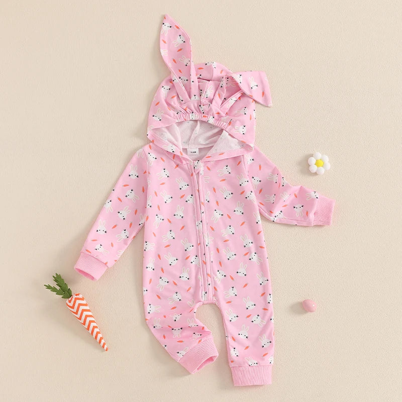 Adorable Toddler Easter  with Cute Bunny Ear Hood and Easter Egg Print - Long Sleeve Baby Romper for Spring Festivities