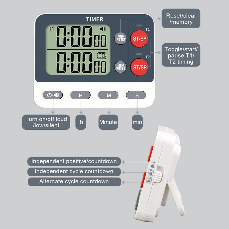 Dual Digital Timer Multifunctional Count UP/Down Timer with Memory Function Cooking Timer for Gym Office Laboratory