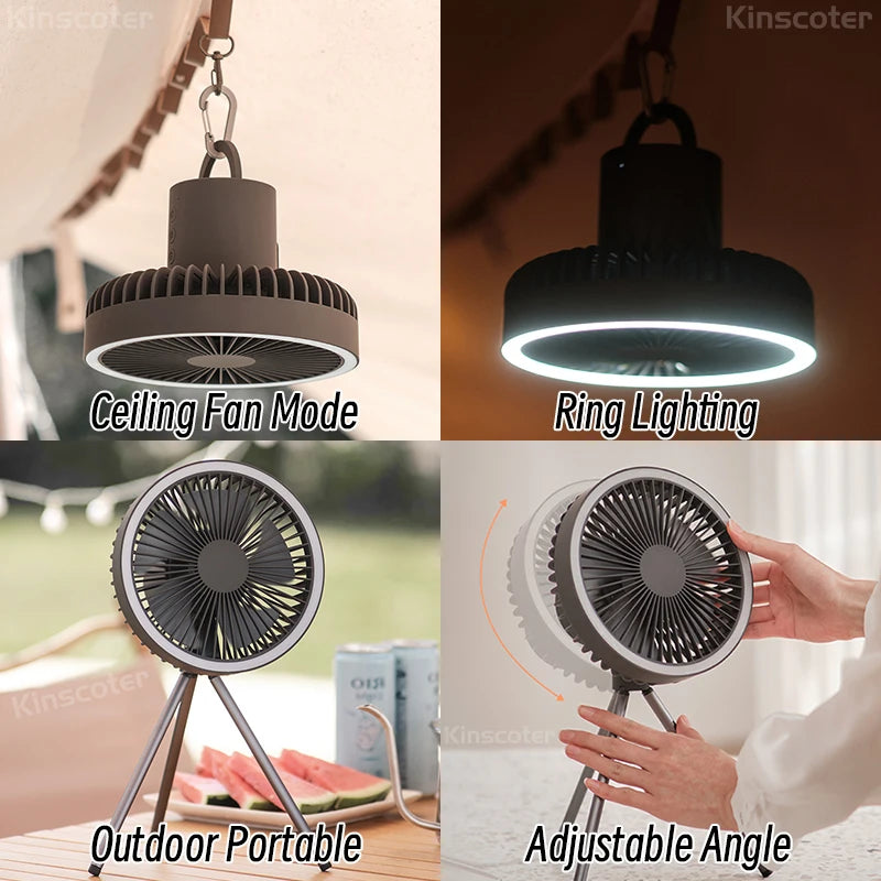 KINSCOTER 10000mAh Camping Fan Desktop Portable Air Circulator Wireless Ceiling Electric Fan Cooler with Power Bank LED Lighting