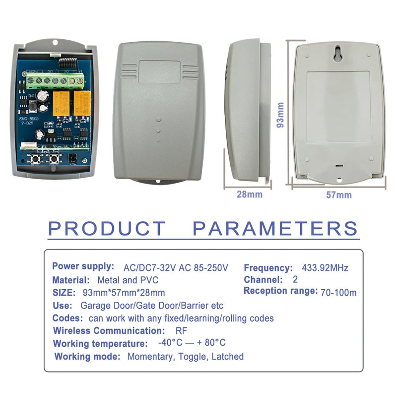 433MHz Universal Wireless Remote Control AC DC 7-32V 220V 2CH Rf Relay Receiver and Transmitter for Garage Door and Gate Control