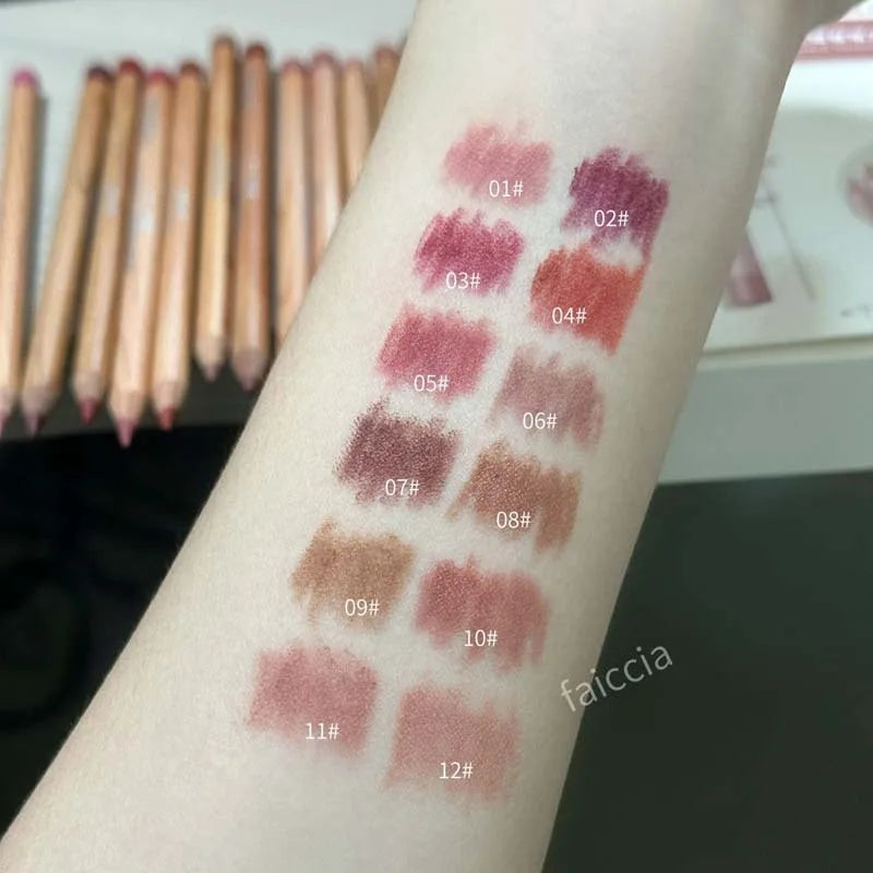 Matte Lipliner Wood Pencil Waterproof Velvet Brown Red Lip Contour Pen Lip Liner Lipstick Lasting Non-stick High Pigment 12Color
