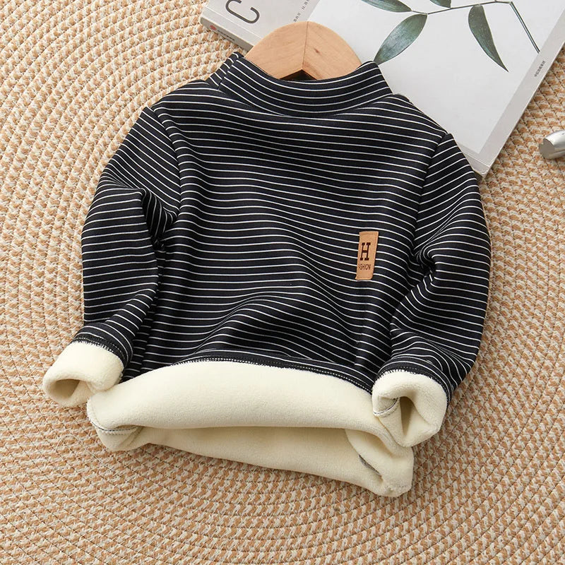New Girls Padded Bottoming Shirt Boys Striped Turtleneck Jumper Autumn Winter Children Warm Fashion Casual Long-Sleeved Sweater