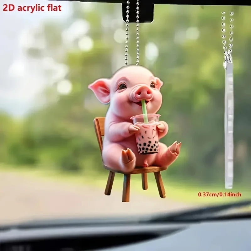 Acrylic Happy Milk Tea Drinking, Decorative Pig Rearview Mirror Pendant, Backpack Keychain Decorative Pendant