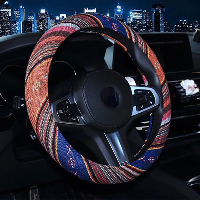 Car Steering Wheel Cover 38cm Universal Elastic National Wind Linen Car Steering Wheel Cover Breathable Non-slip Car Accessories