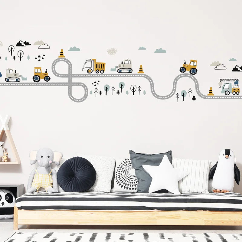 Cartoon Wall Stickers for Boys Room Decoration Traffic Track Cars Truck Tractor Bulldozer Wall Decals for Bedroom Nursery Room