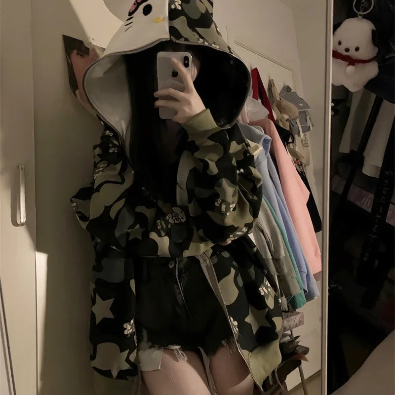American Vintage Camo2024 Spring and Autumn New Loose and Lazy Oversize Cardigan Kitty cat Coat Women's Hoodie