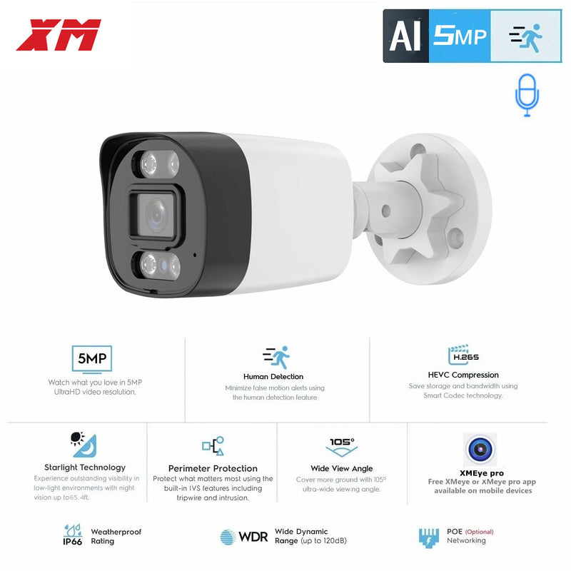 XM 5Mp AI Ip Camera Poe Cctv Security Camera H.265+ Outdoor Waterproof Audio Video Surveillance For Nvr System Xmeyepro