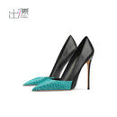 New Blue Black Serpentine Fine Heel, Pointed Shallow Mouth Splicing, Sexy and Versatile Women's High Heels