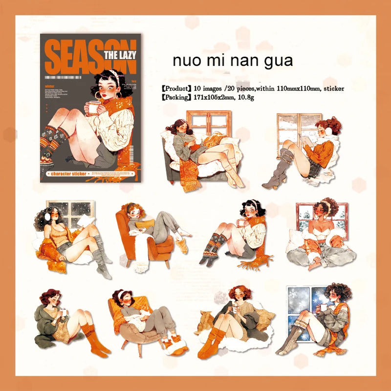 JIANWU Lazy Season Series Kawaii Girl Character Landscaping Sticker Creative DIY Journal Material Collage Stationery