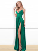 Green Red Satin V Neck 2 Splits Party Dress Backless Sexy Maxi Dress Empire Sleeveless Night Club Long Dresses