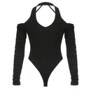 2025 Summer Female T-Shirts Long Sleeve T-Shirts Women Sexy Black Halter Backless Tops New Trendy Girls Designer Ruched Clothes