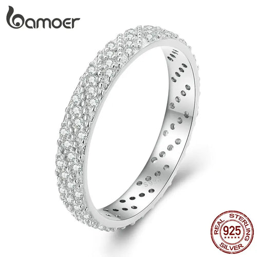 Bamoer 925 Sterling Silver Shiny Zircon Wide Ring Simple Eternity Band for Women Valentine's Day Gift Luxury Fine Jewelry BSR383