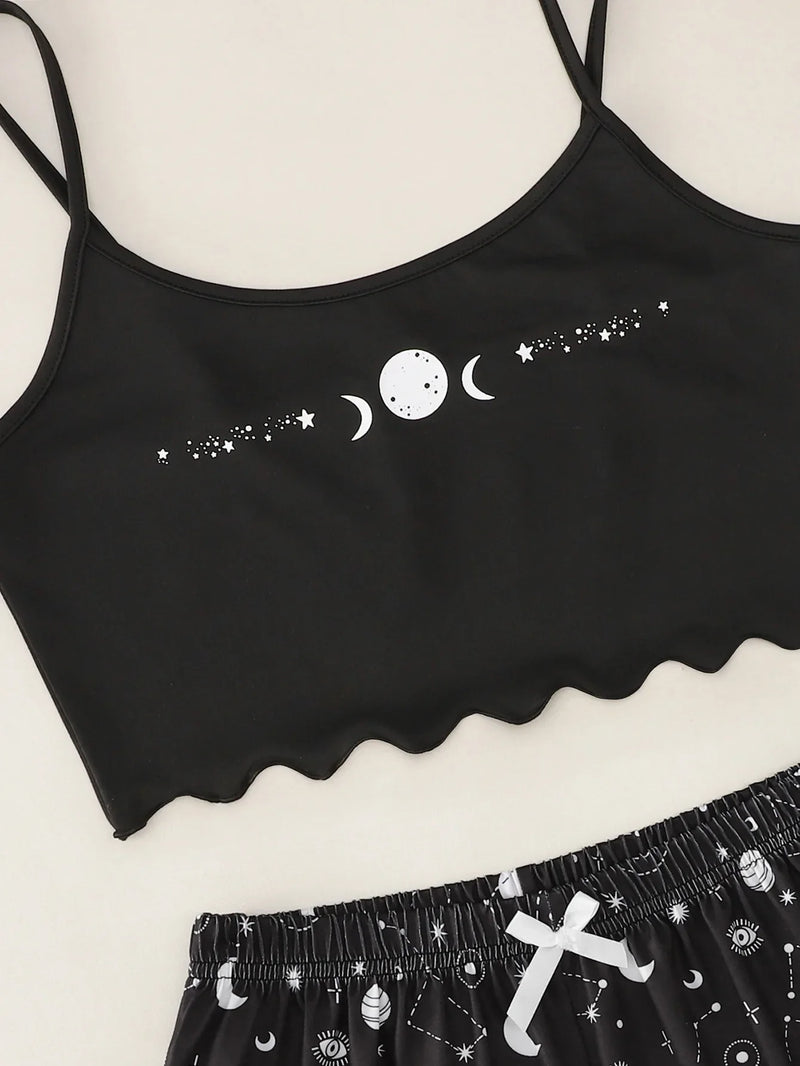 Summer Sleepwear for Women Pajamas Set Star Moon Printed Sleeveless Sling Crop Tops and Shorts Set Homewear Loungewear Pijama