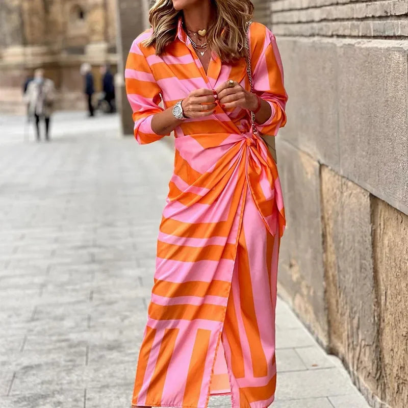 Spring Summer Fashion Print Dress Blouse Neck Tie Mid Length Striped Skirt Casual Comfortable Street Women's Wear Dresses Robe