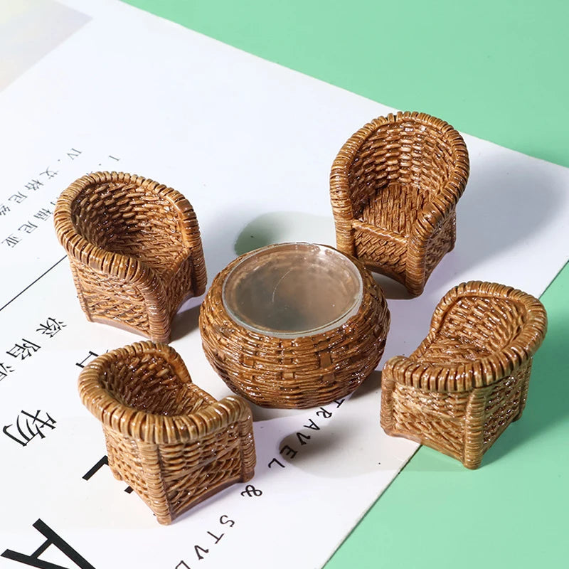 5Pcs/Set Simulation Mini Fish Basket Basket Chair Table Garden Decoration Miniature Figurines Home Micro Landscape Craft Gift