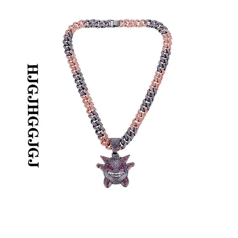 Pokemon Gengar Miami Cuban Link Chain HipHop Men Women Necklace Jewelry Trend Metal Pendant Rhinestone Paved New Hot Street Gift