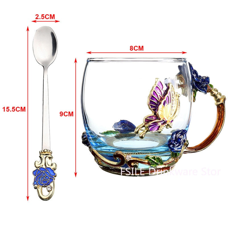 Beauty And Novelty Enamel Coffee Cup Mug Flower Tea Glass Cups for Hot and Cold Drinks Tea Cup Spoon Set Perfect Wedding Gift