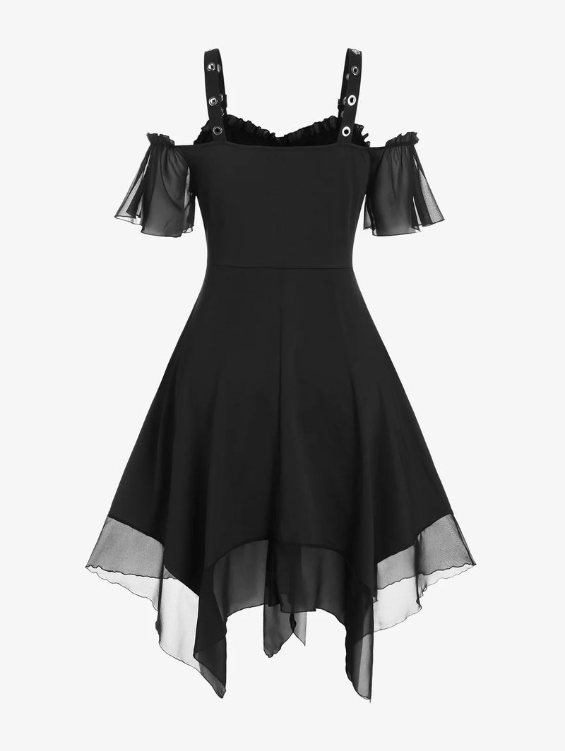 ROSEGAL Gothic Grommet Lace Up Dress Summer S-5XL Black High Waist Cold Shoulder Mesh Handkerchief A-Line Ruffles Dresses