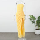 The Aurelian | Butter Yellow Mesh Strapless Pleated Evening Gown