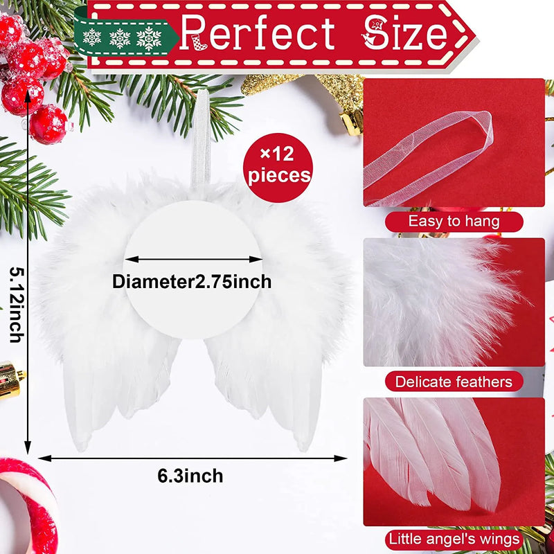 12set White Angel Wings Christmas Tree Decor Hanging Ornament Wedding Party Feather Wing with Blank Thermal Sublimation Plate