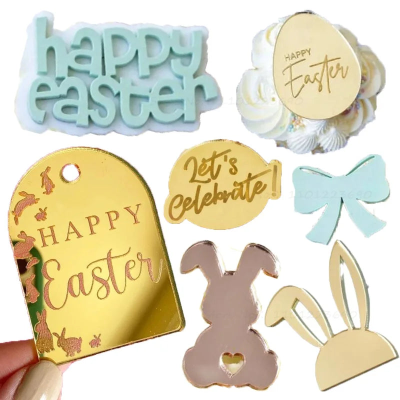 10Pcs Happy Easter Bunny Egg Cake Toppers Acrylic Gold Silver Rabbit Shaped Cupcake Toppers for Easter Party Dessert Decorations