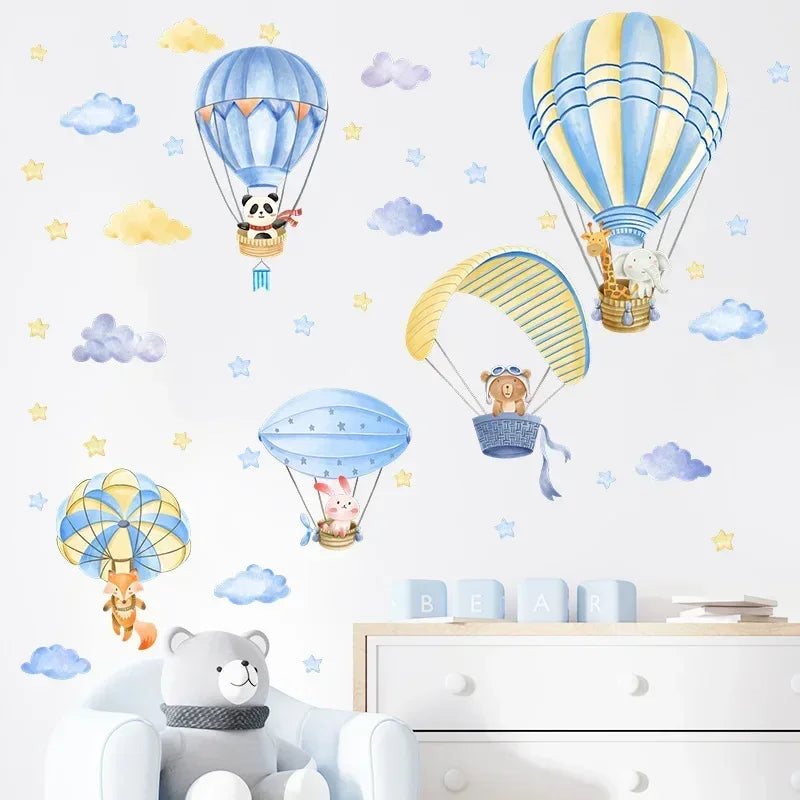 Blue Watercolor Animals Hot Air Balloon Wall Stickers for Kids Room Baby Nursery Room Wall Decor Wall Decals Boy Room Stickers