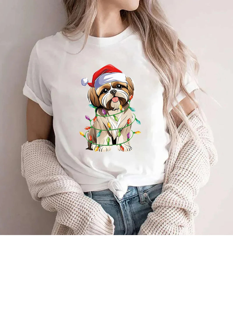 Peace Sign Hand Shih Tzu Santa Christmas Dog Pajamas Printed Short Sleeve Pattern Printed Women's Summer T-shirt