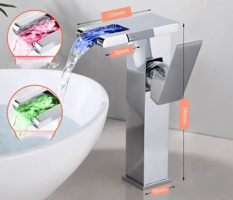 LED Luminous Waterfall Faucet Hot and Cold Color Changing Mixer Tap Square Wash Basin Bathroom Cabinet Faucet Copper Alloy