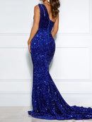 Sexy Cut Out Schlitz Stretch Pailletten Festliches Partykleid Ärmellos Bodenlang Bodycon Abendkleid Ausgehkleid Königsblau Rot Schwarz