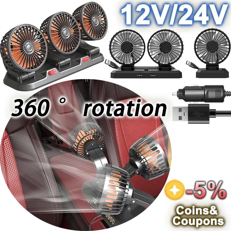 Car Fan 360° Adjustable 3 Head Air Fan Automotive Electric Fan USB/12V/24V Fan 2 Speeds Car Silent Fan For Home Desk Office&Car