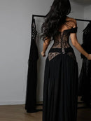 Elegant Lace Patchwork Slit Strapless Dress Sexy Off-shoulder High Waist Long Skirt New Trendy Party Y2k Robe Gothic Style Gown