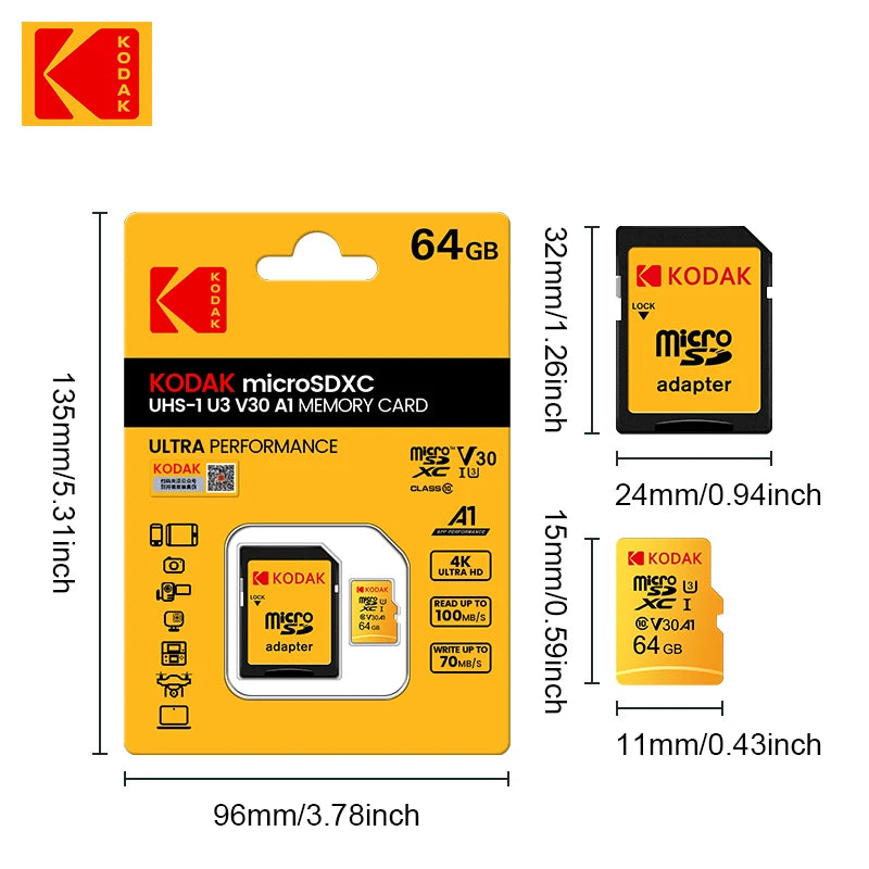 Kodak Micro SD Card 128GB 64GB 32GB 512GB 256GB Micro SD 128gb Flash Memory Card SD Memory U1 U3 4K Microsd TF Cards