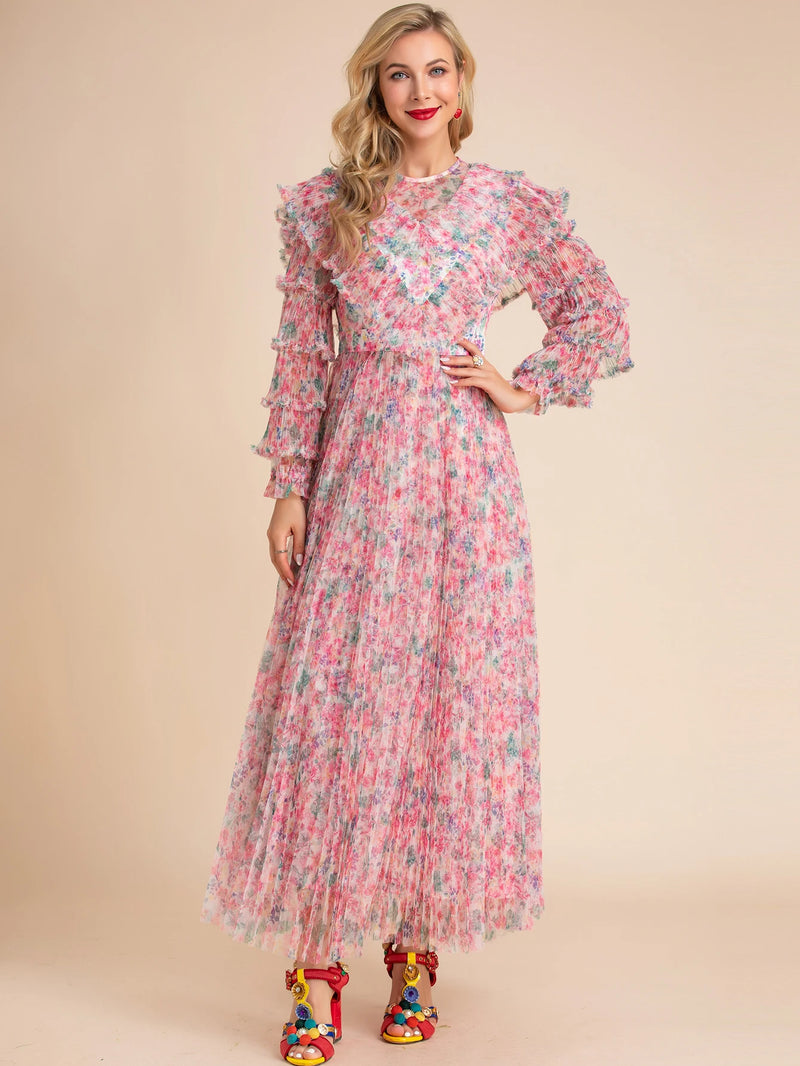 LD LINDA DELLA Fashion Designer Summer pleated Dress Women's Long sleeve Ruffles Floral print Mesh Vacation Long Dress Vestidos