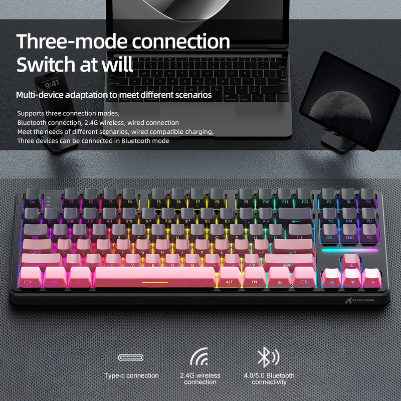 Gaming Keyboard X87 Attack Shark Side Engraved Translucent Character Wireless Mechanical Keyboard,RGB,Hot-Swap,Bluetooth Tri-mod