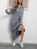 Hoodies Dress For Women Fashion 2025 Hem Lace-up Midi Robe Hooded Long Dress Autumn Winter Warm Casual Loose Sweatshirt Vestidos