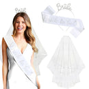 3tlg. Hochzeit Verlobung Party Brautdusche Dekorationen Zubehör Braut Tiara Krone Schärpe Schleier Set Junggesellinnenabschied Gastgeschenke