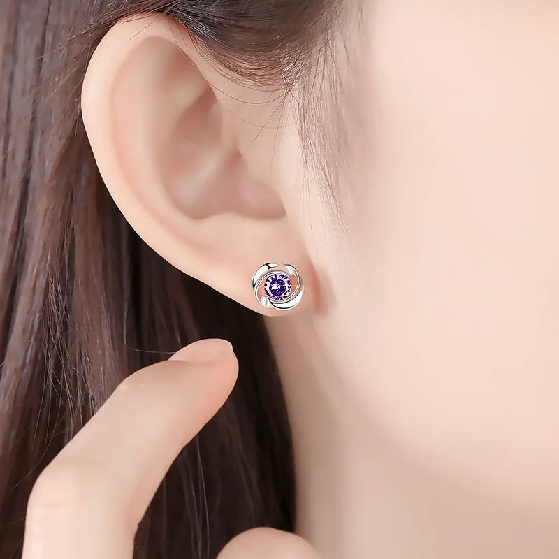 Genuine 925 Sterling Silver Woman's High Quality Fashion Jewelry Spiral Crystal Stud Earrings XY0227