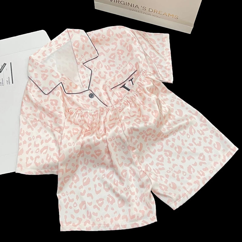 Pink Leopard Three-piece Set Pajamas for Women Y2k 2024 New Classy Spring Female Sleepwear Short Sleeve Fashion Casual Homewear