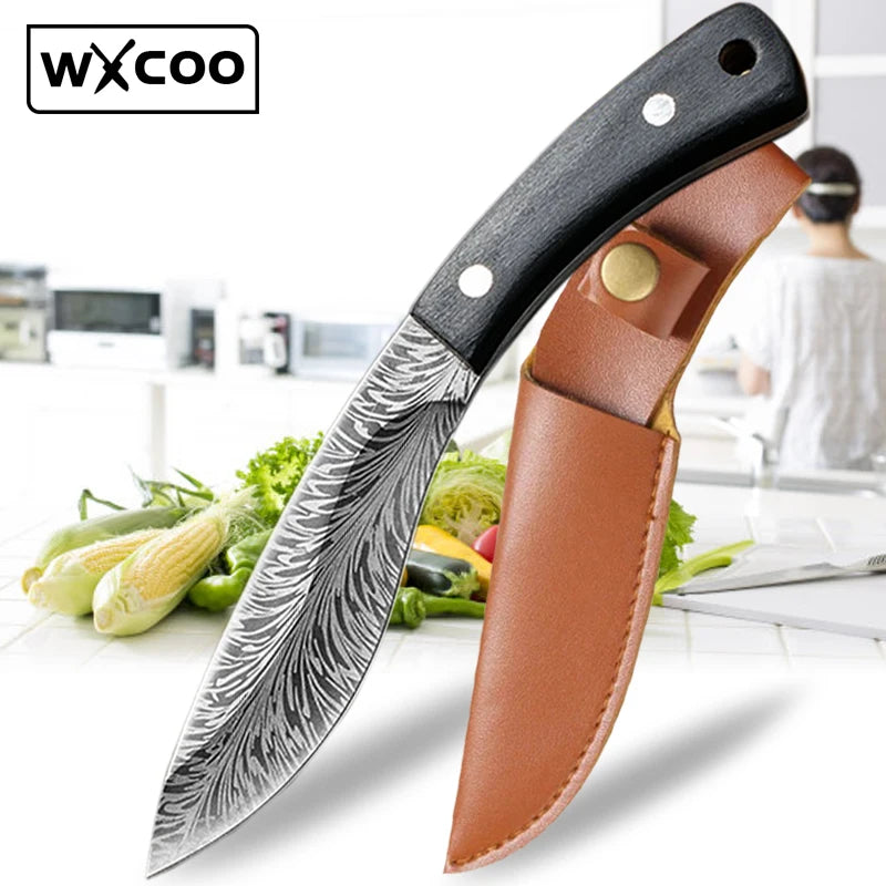 4inch Stainless Steel Boning Knife Handmade Forged Slicing Meat Cleaver Knives Small Pocket Knife with Sheath Wooden Handle