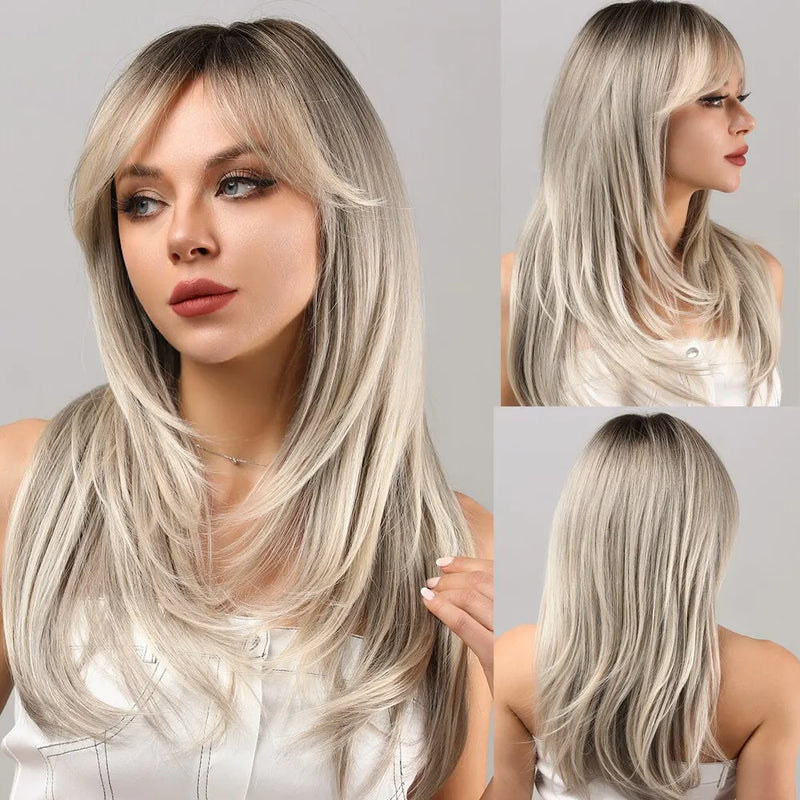 Women Blonde Wigs Long Blonde Bangs Dark Root Layered Synthetic Wig For Daily Use Suitable For Fashion Ladies