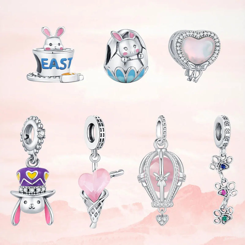 Hot Original Pendant S925 Sterling Silver Rabbit Charm Fit 3mm Bracelet Diy For Women Classic Easter egg beads Daily Gift Fine