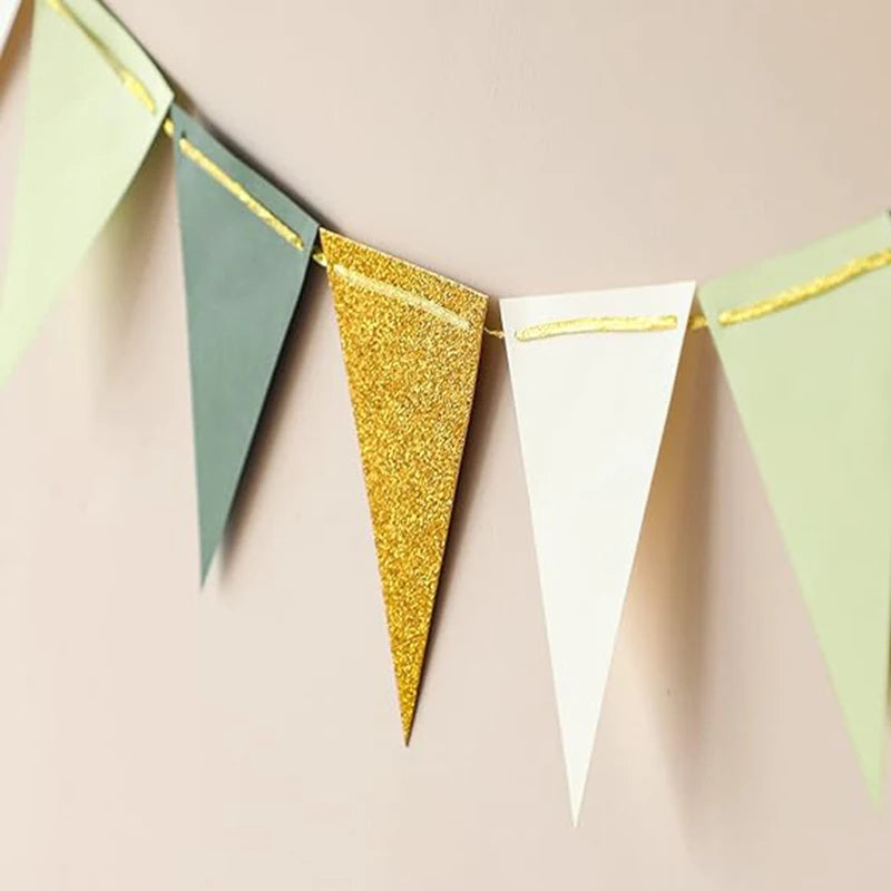 16pcs Gold And Green Triangular Flags, Baby Bride Gift Party, Birthday Party Decoration, Wedding Party Banner