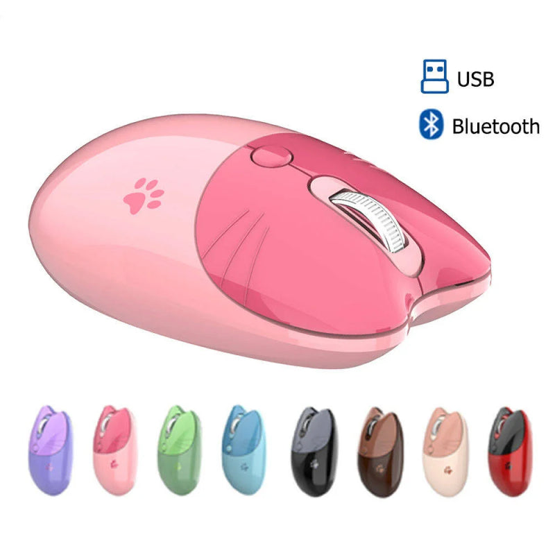 Pink Bluetooth +2.4G Wireless Mouse Cute Cat Silent Click Bluetooth Mouse Adjustable DPI Portable Mouse for Computer iPad Laptop