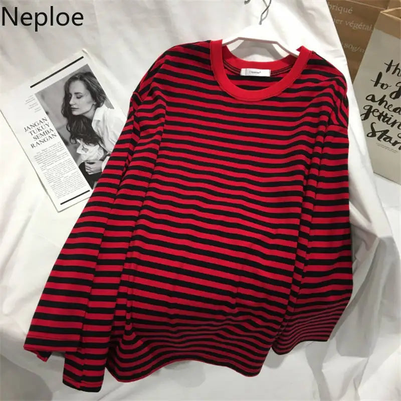 Neploe 2024 Autumn Striped Sweaters Medium-long Causal Pullovers Thin O-neck Top Korean Streetwear  Women Hoody Pull Femme