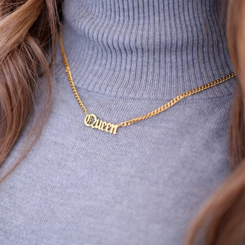 Free Box Cuban Chain Custom Old English Name Necklace Stainless Steel Vintage Letters Pendant Necklace Anniversary Gifts