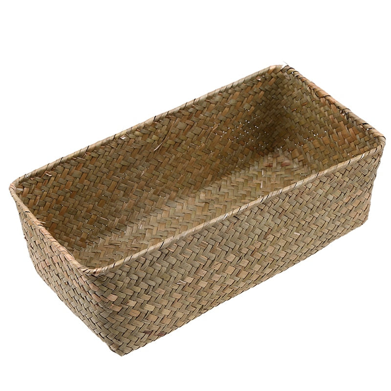 WHISM Handmade Wicker Storage Basket Rattan Fruit Tea Storage Box Holder Seagrass Picnic Basket Wickerwork Cosmetics Organizer