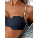 Fashion Ruched Bikini Push Up Swimsuit Women Split Pearl Chain High Waist Bikini 2025 New Solid Bathing Suit Two Piece Beachwear