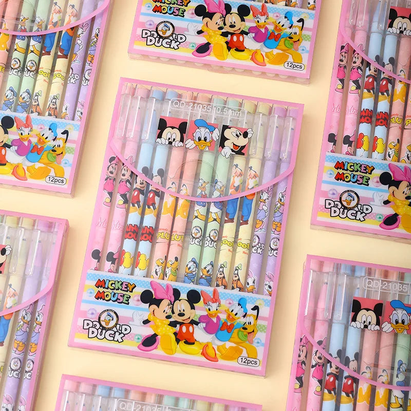 New 12/24pcs Disney Gel Pen Mickey Winnie Lotso Students Kawaii Stationery Write Pens 0.5 Black Blue School Kids  Signature Pens