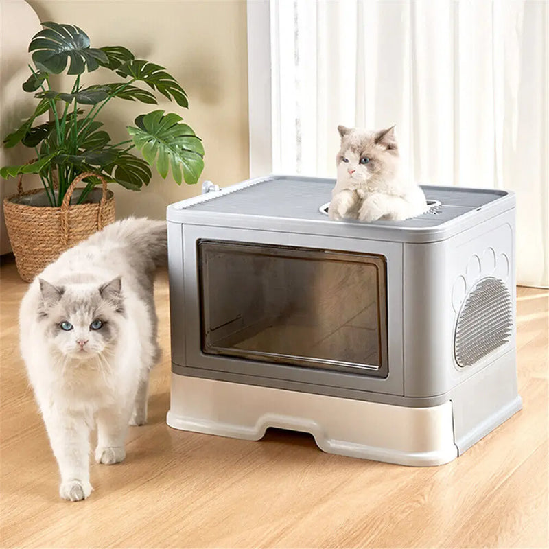 Foldable Cat Litter Box Front Entry & Top Exit Toilet Boxes with Massager Litter Scoop Enclosed Foldable Kitty Toilet