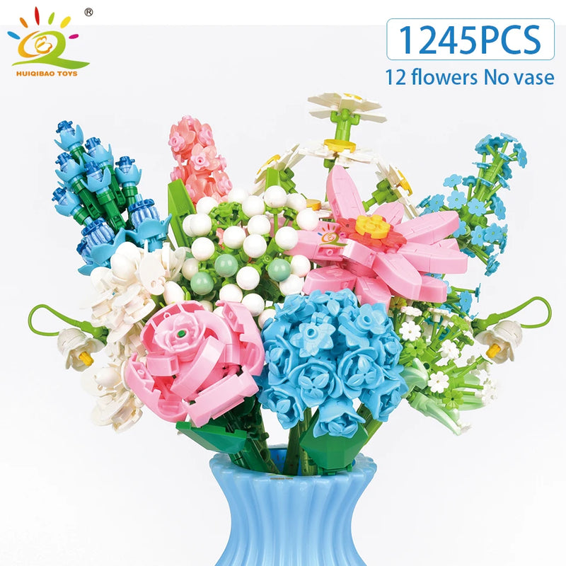 HUIQIBAO MOC Flower Model Building Blocks 3D Bouquet Plants Sunflower Rose Bricks Kits Children DIY Educational Toys Home Decor